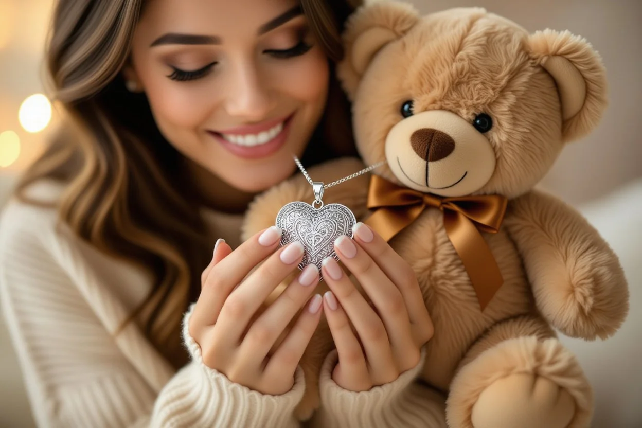 Woman discovering hidden heart necklace surprise from romantic teddy bear gift