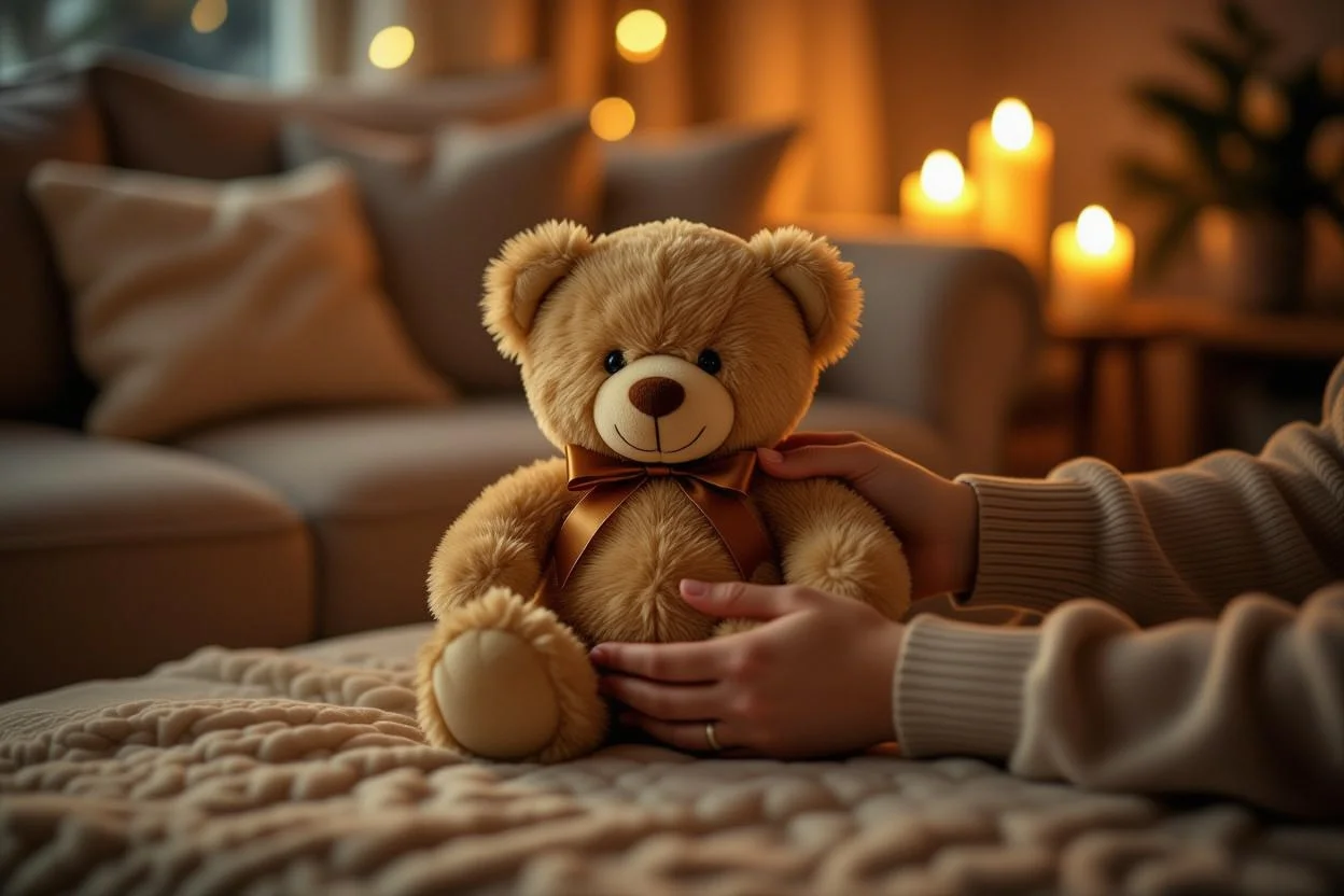 Man giving teddy bear gift as romantic surprise and apology gesture