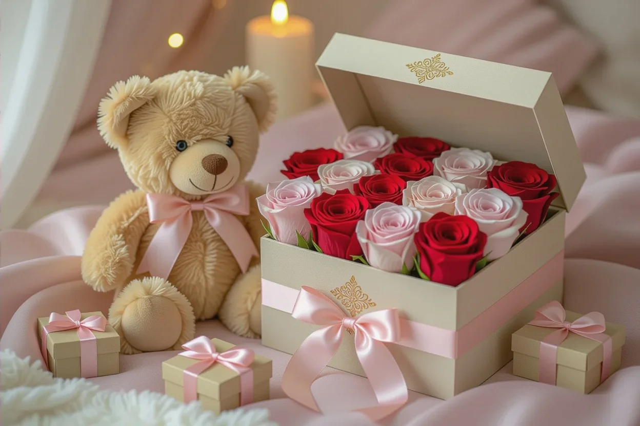Romantic gift set with teddy bear and preserved roses for Valentine's Day surprise