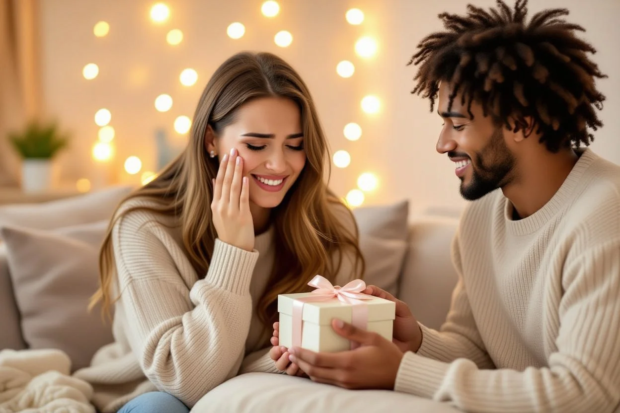 Emotional couple reconciling with romantic apology gift - relationship healing moment