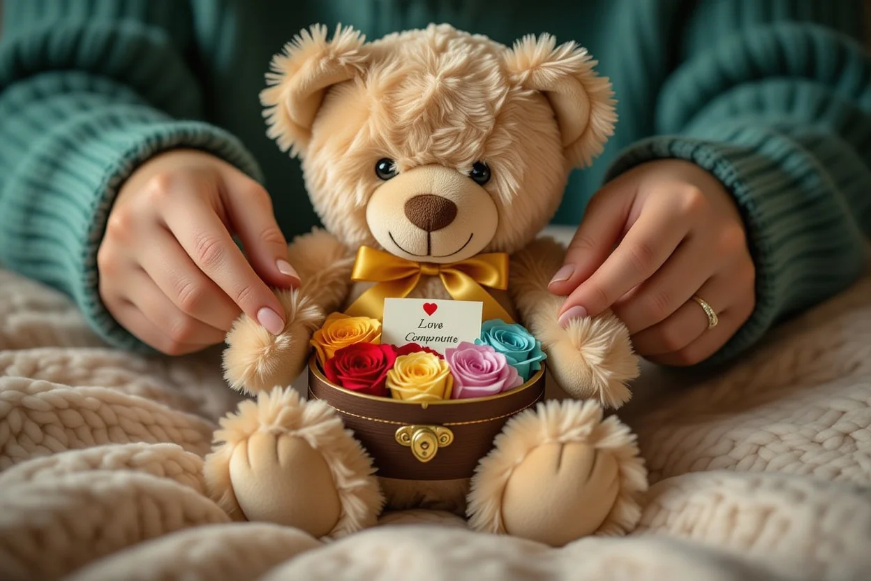 Hidden heart teddy bear opening to reveal preserved flowers - surprise romantic gift reveal