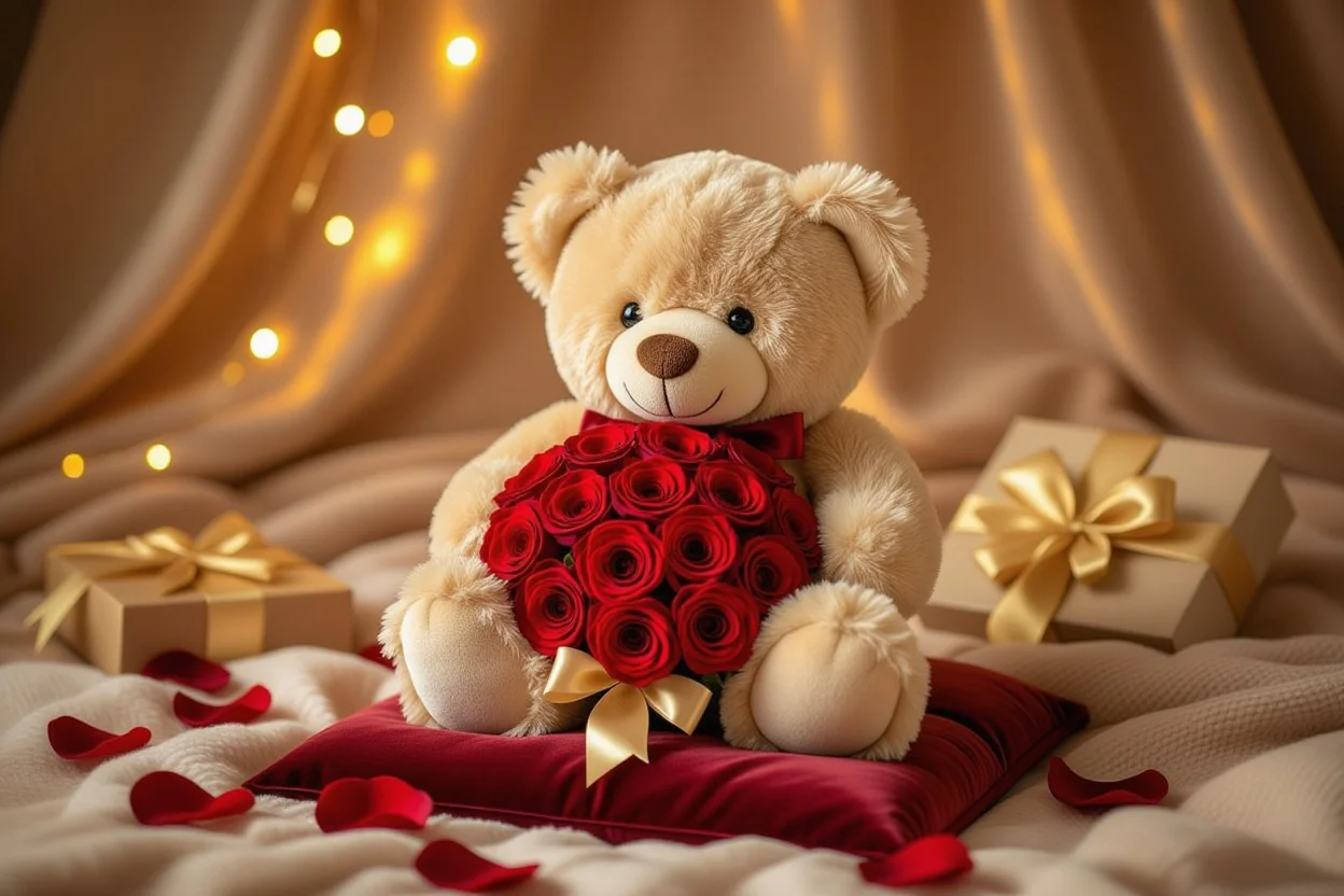 Romantic teddy bear with preserved roses - perfect Valentine's Day or birthday gift for her