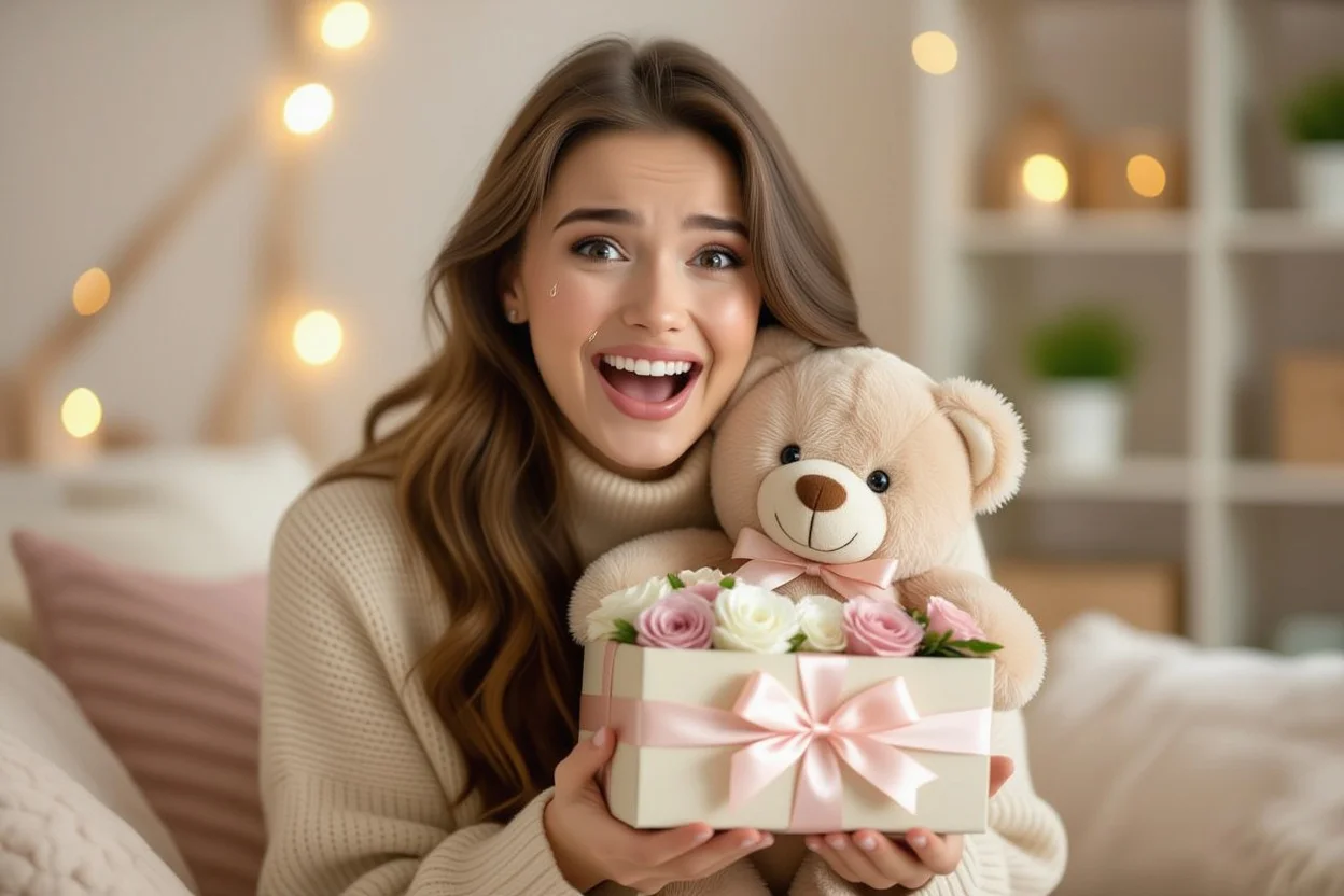 Woman receiving romantic surprise gift - emotional moment with teddy bear and preserved flowers