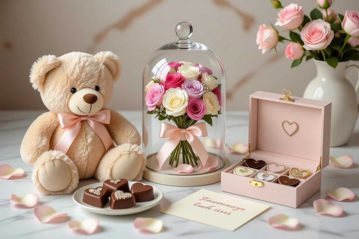 Romantic gifts collection flat lay - teddy bears, preserved flowers, and Valentine's Day presents for her