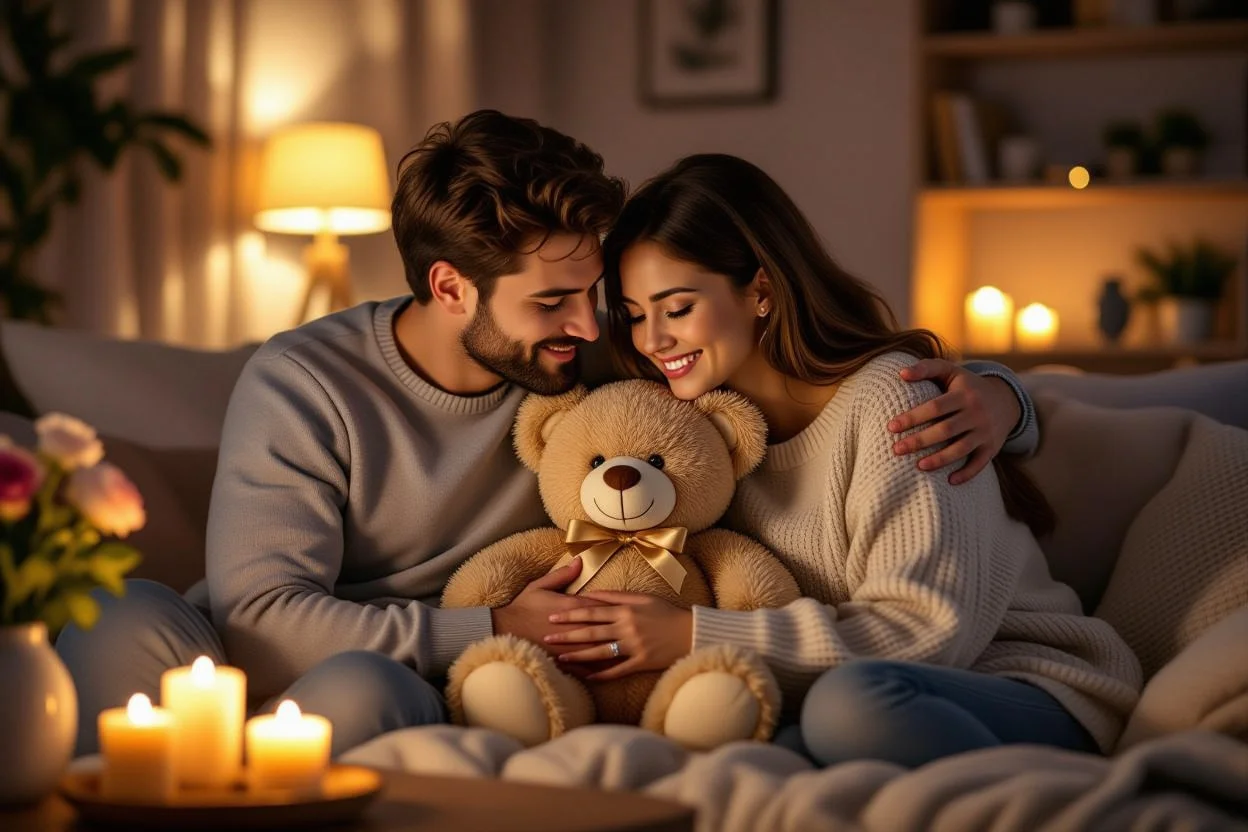 Couple reconciling with romantic teddy bear gift - intimate apology and love gesture at home