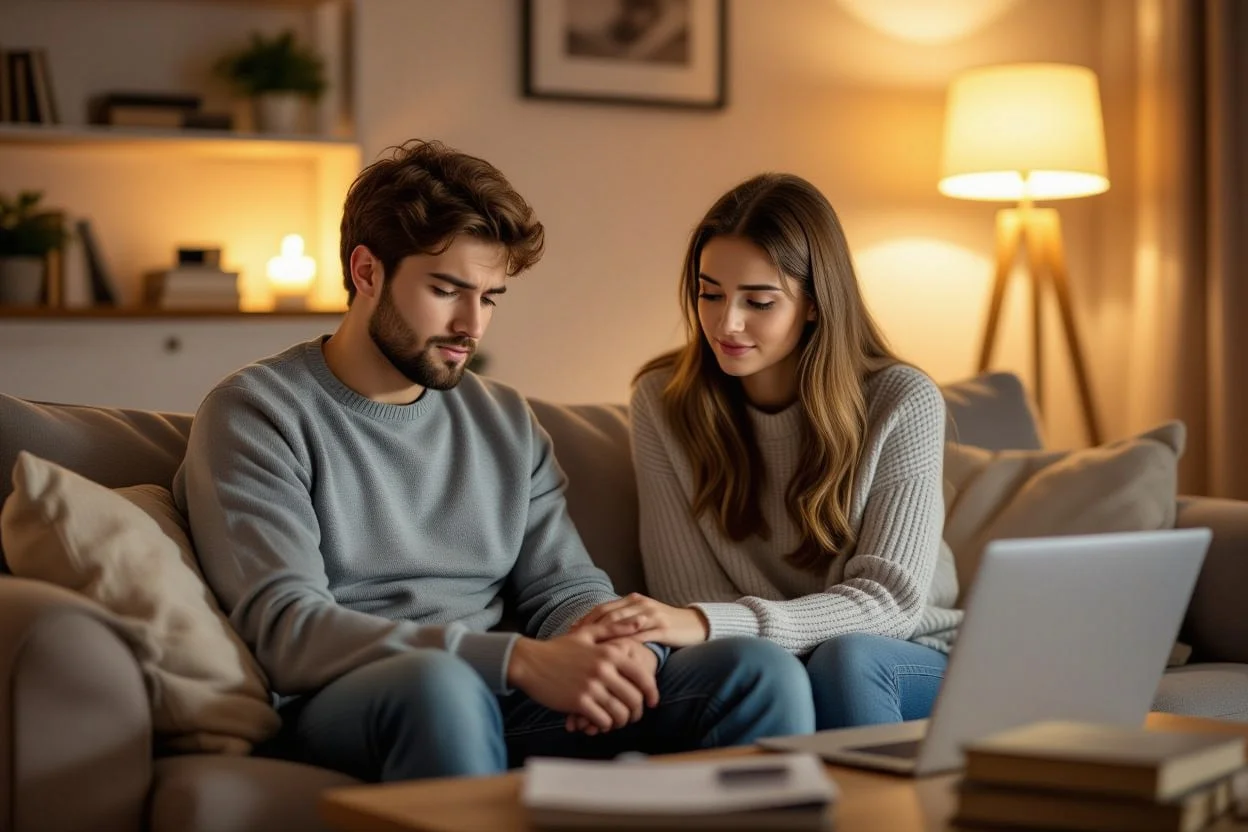 Couple in cozy apartment with woman comforting dejected man during difficult times