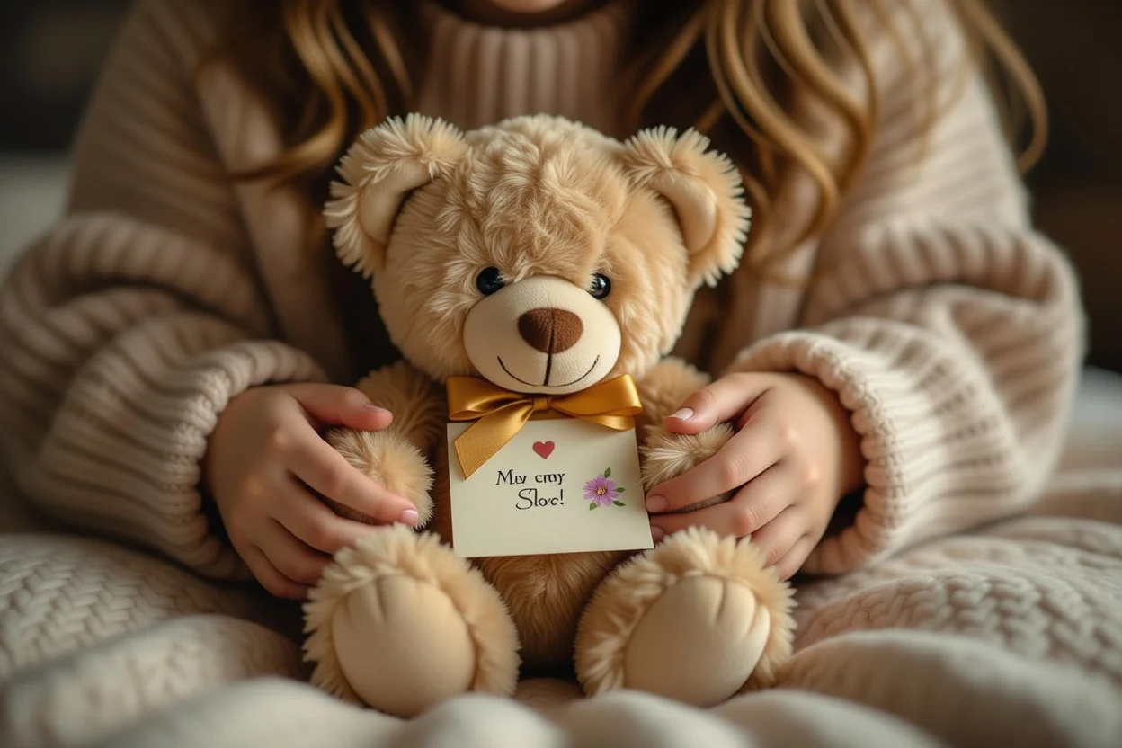 Hands discovering hidden surprise inside romantic teddy bear gift