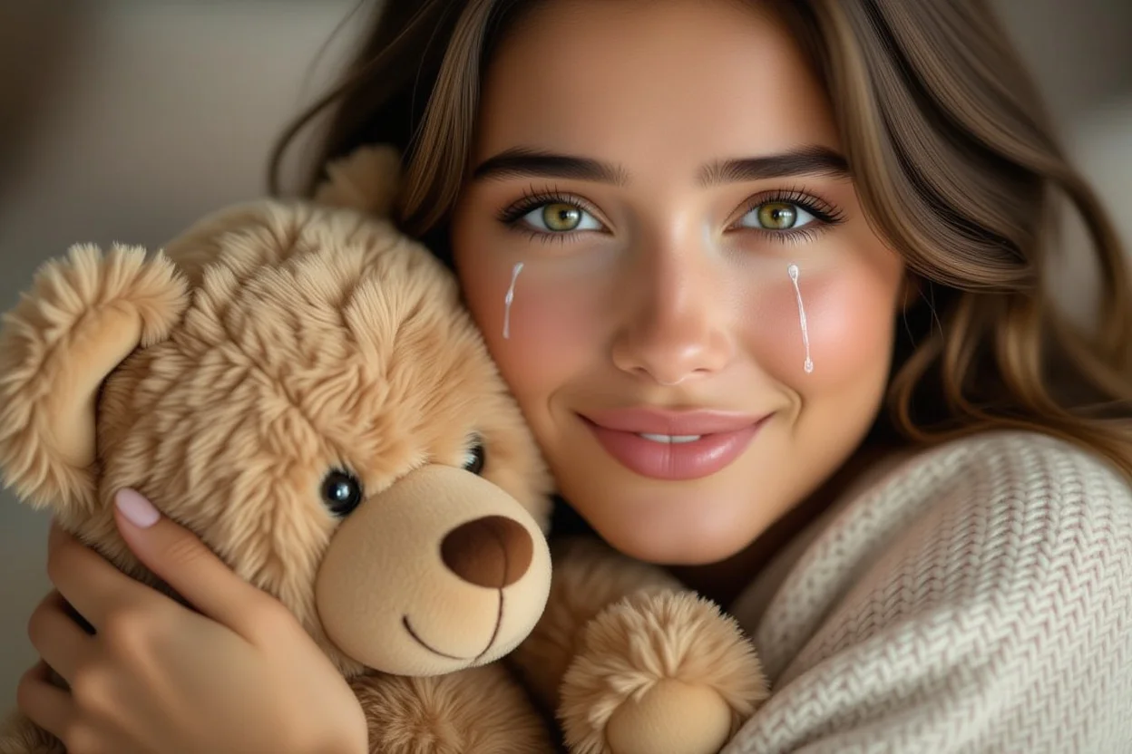 Woman crying happy tears while holding romantic surprise teddy bear gift