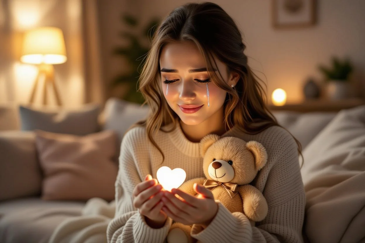 Woman crying happy tears while receiving surprise teddy bear gift with hidden necklace