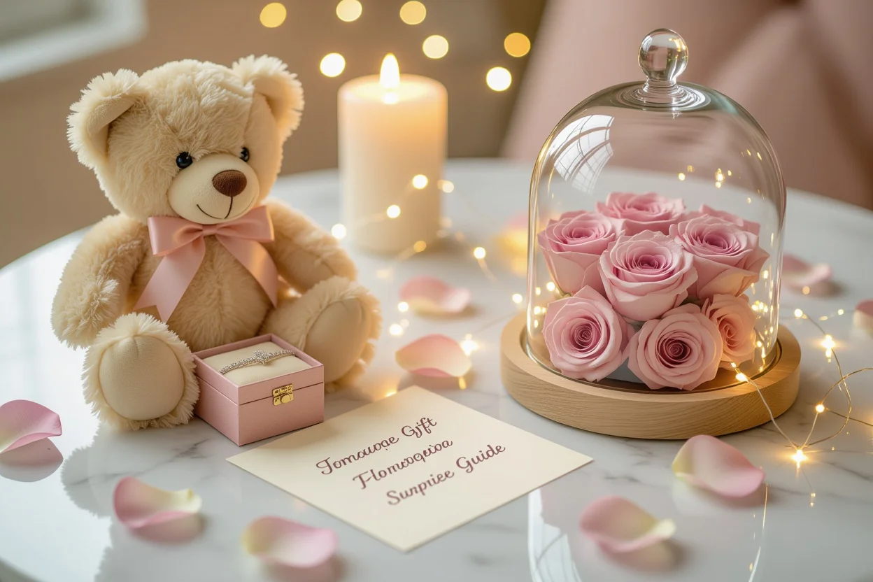 Romantic Valentine's Day gifts arrangement featuring teddy bears, preserved flowers, and surprise jewelry