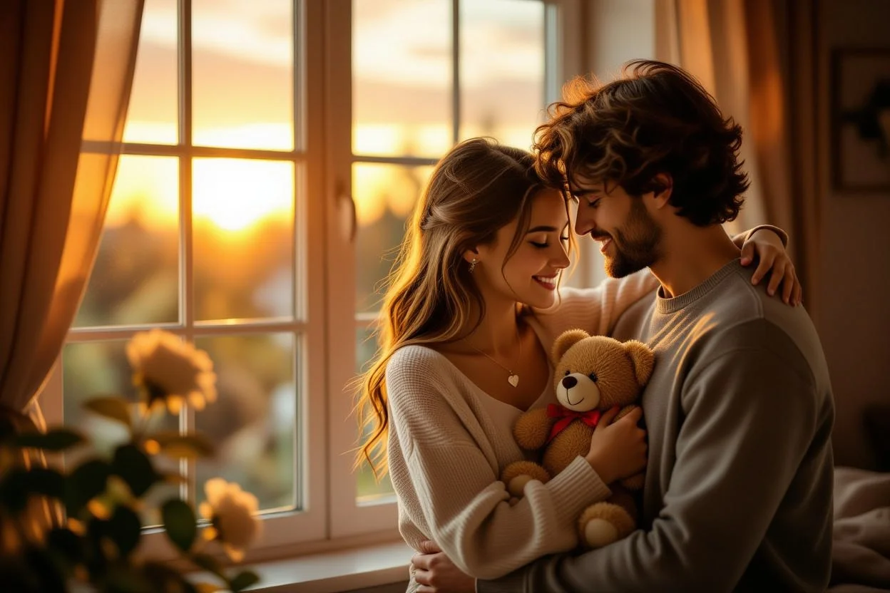 Couple reconciling and embracing after surprise gift exchange showing relationship healing through romantic gestures