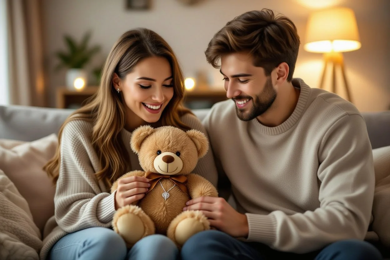 Couple discovering hidden necklace surprise in teddy bear romantic birthday gift