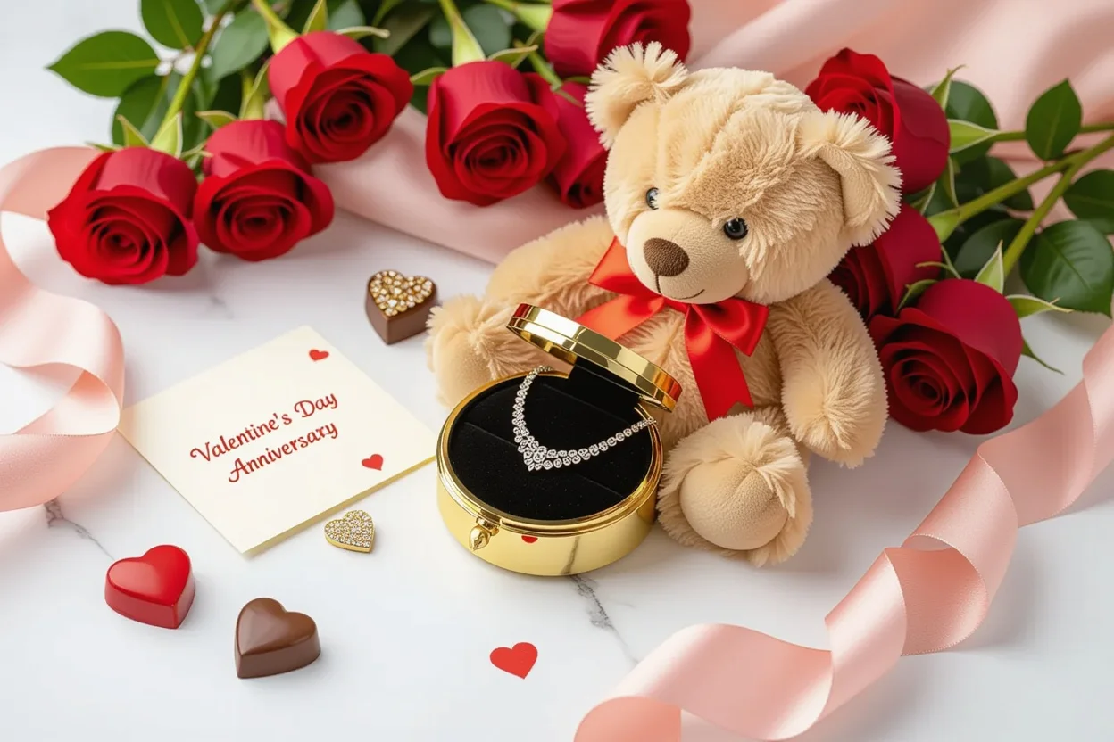 Romantic gift set with teddy bear and hidden jewelry for Valentine's Day
