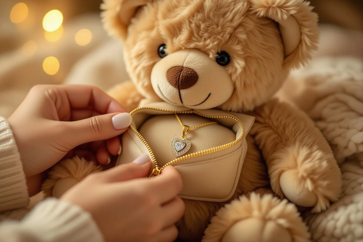 Hidden compartment in teddy bear revealing surprise necklace gift detail