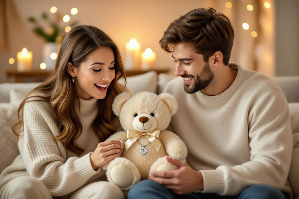 Couple discovering hidden jewelry surprise in romantic teddy bear gift