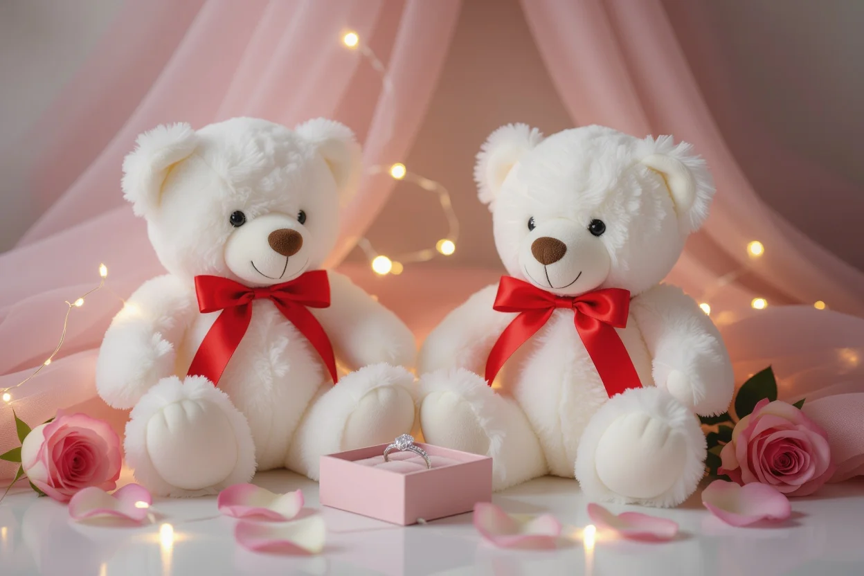Romantic Valentine's Day gift setup with teddy bear and jewelry surprise