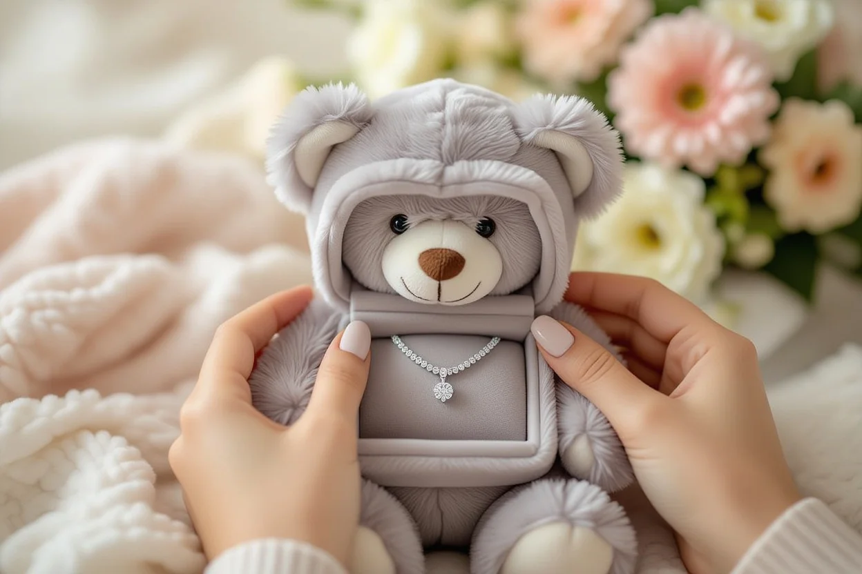 Hidden necklace compartment in romantic surprise teddy bear gift for her