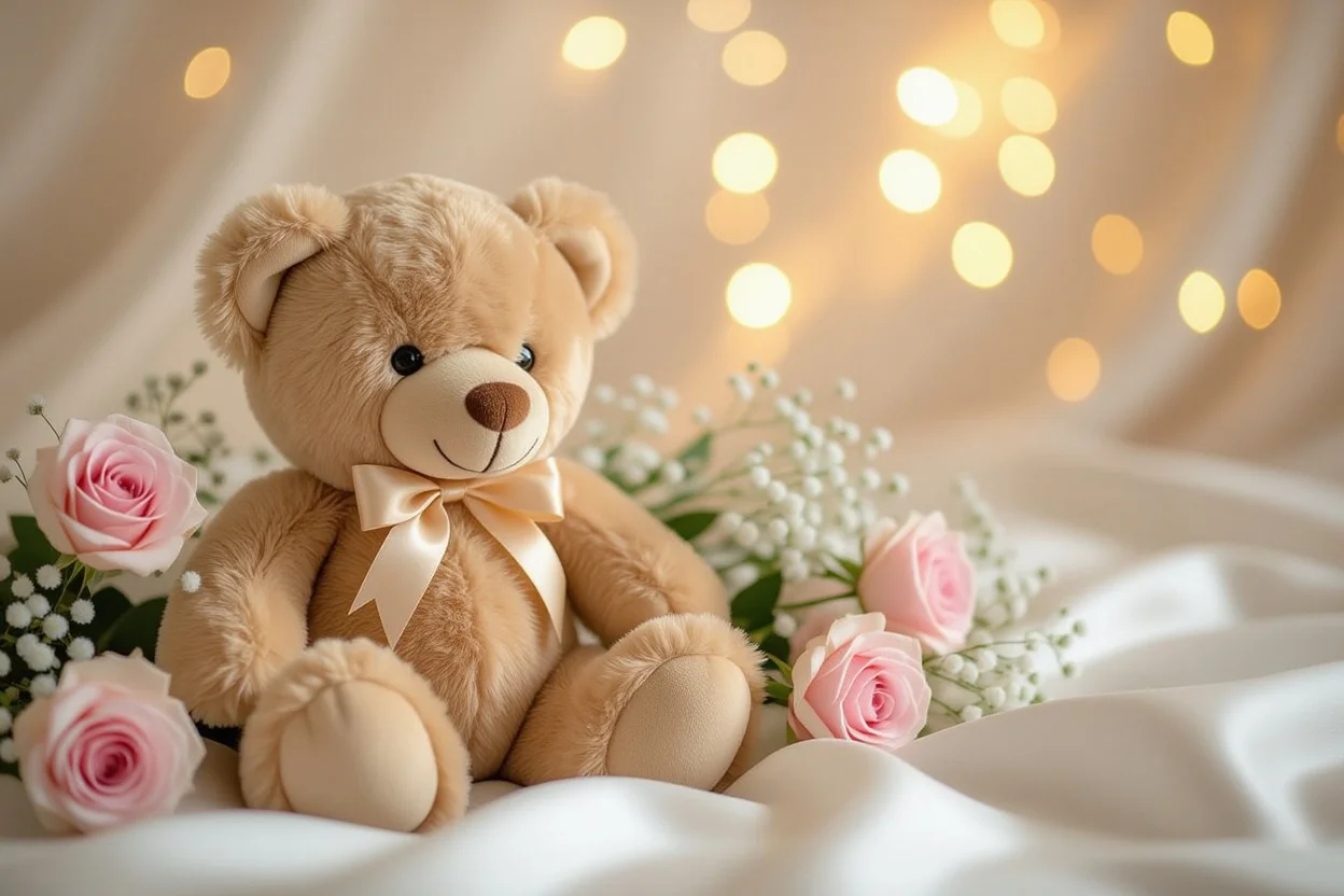 Mountova Pro Teddy Bear romantic gift surrounded by roses and flowers on silk background