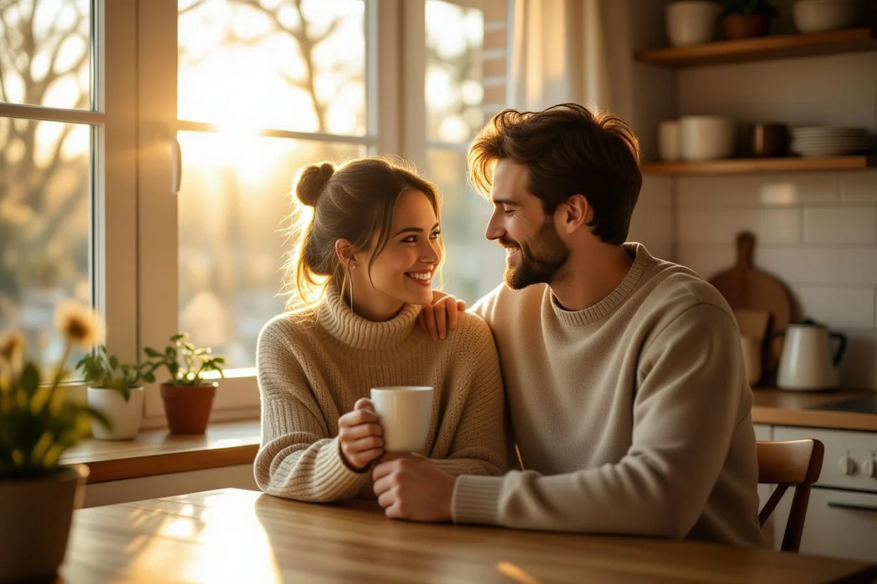 Happy couple sharing intimate moment in sunny kitchen representing everyday romance and love