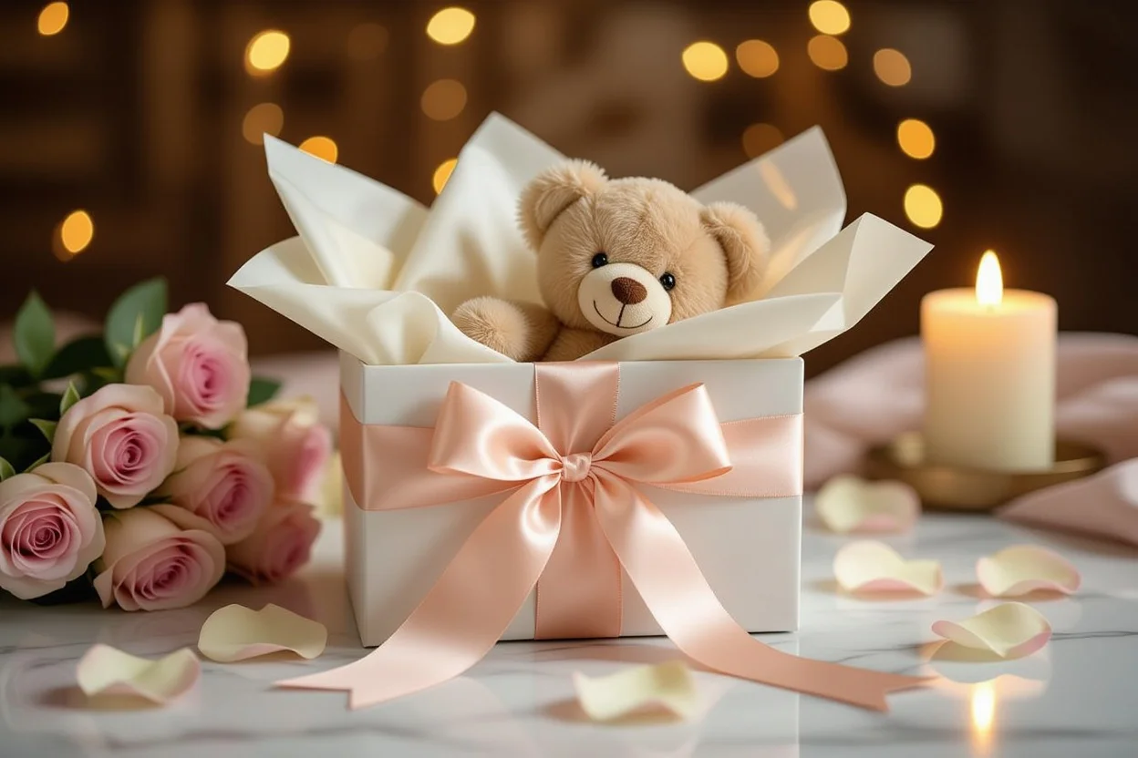 Romantic gift presentation with teddy bear in elegant gift box with rose petals and candles