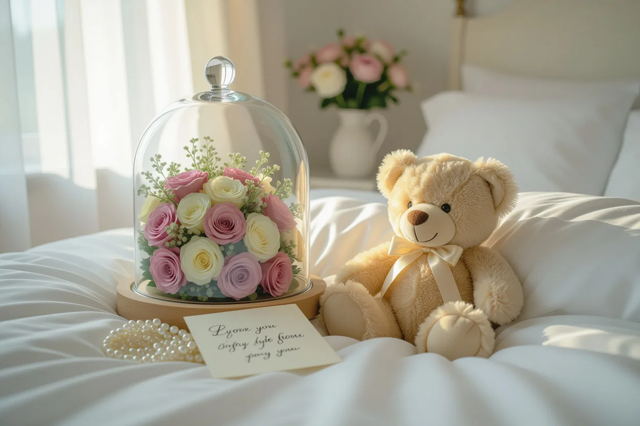 Romantic bedroom scene with teddy bear and preserved flowers representing lasting love and meaningful gifts