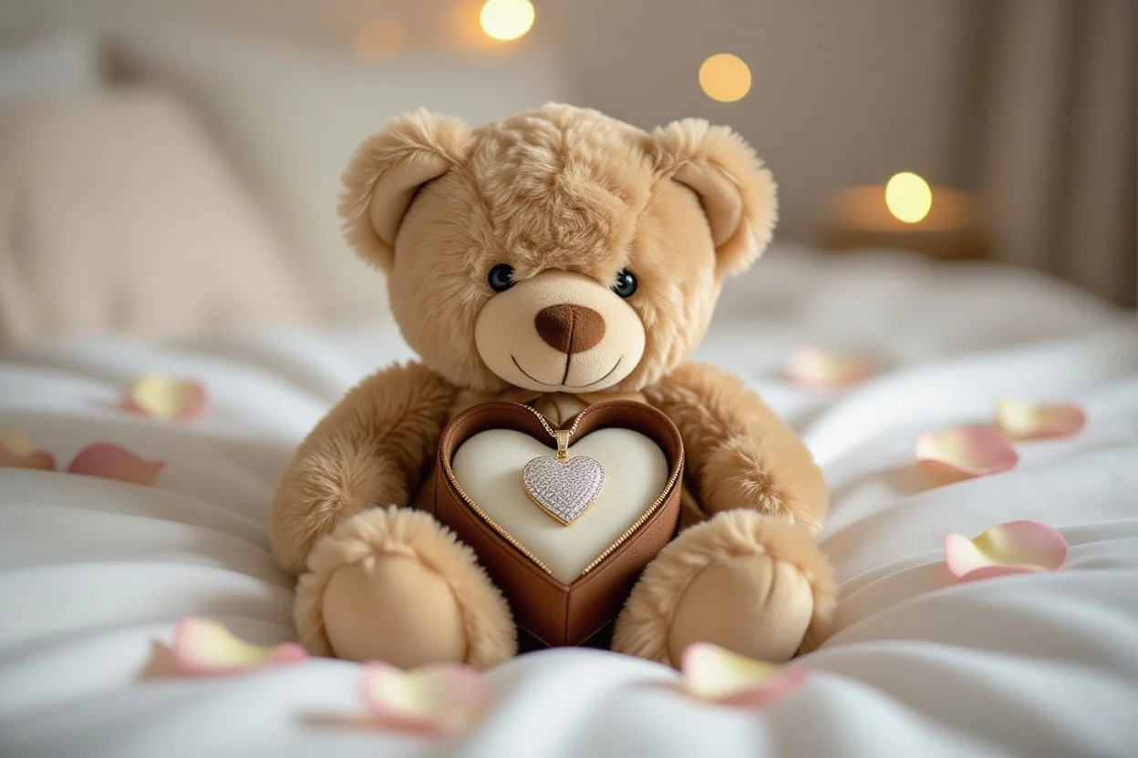 Romantic teddy bear with hidden jewelry compartment showing heart necklace surprise gift