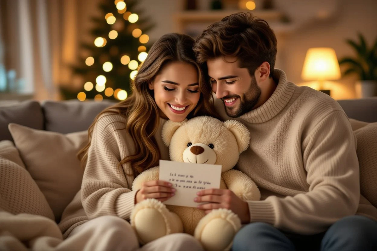Couple sharing emotional moment discovering hidden love letter in romantic teddy bear gift