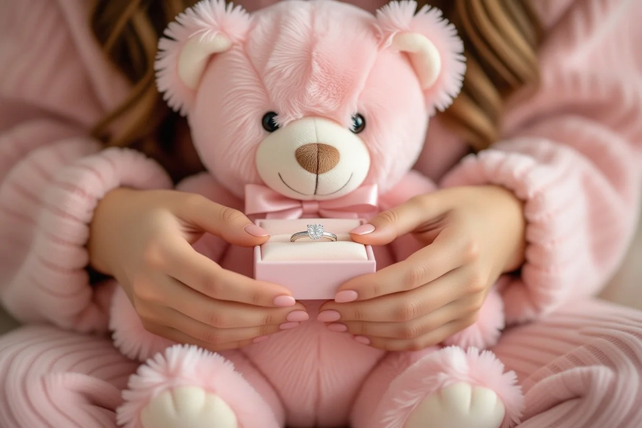 Hands opening hidden compartment in pink teddy bear revealing engagement ring surprise