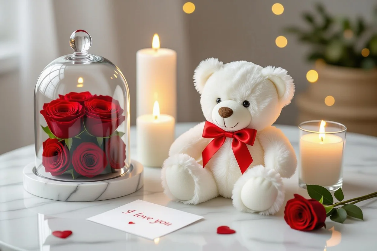 Valentine's Day romantic gift arrangement with teddy bear, preserved roses, and love card