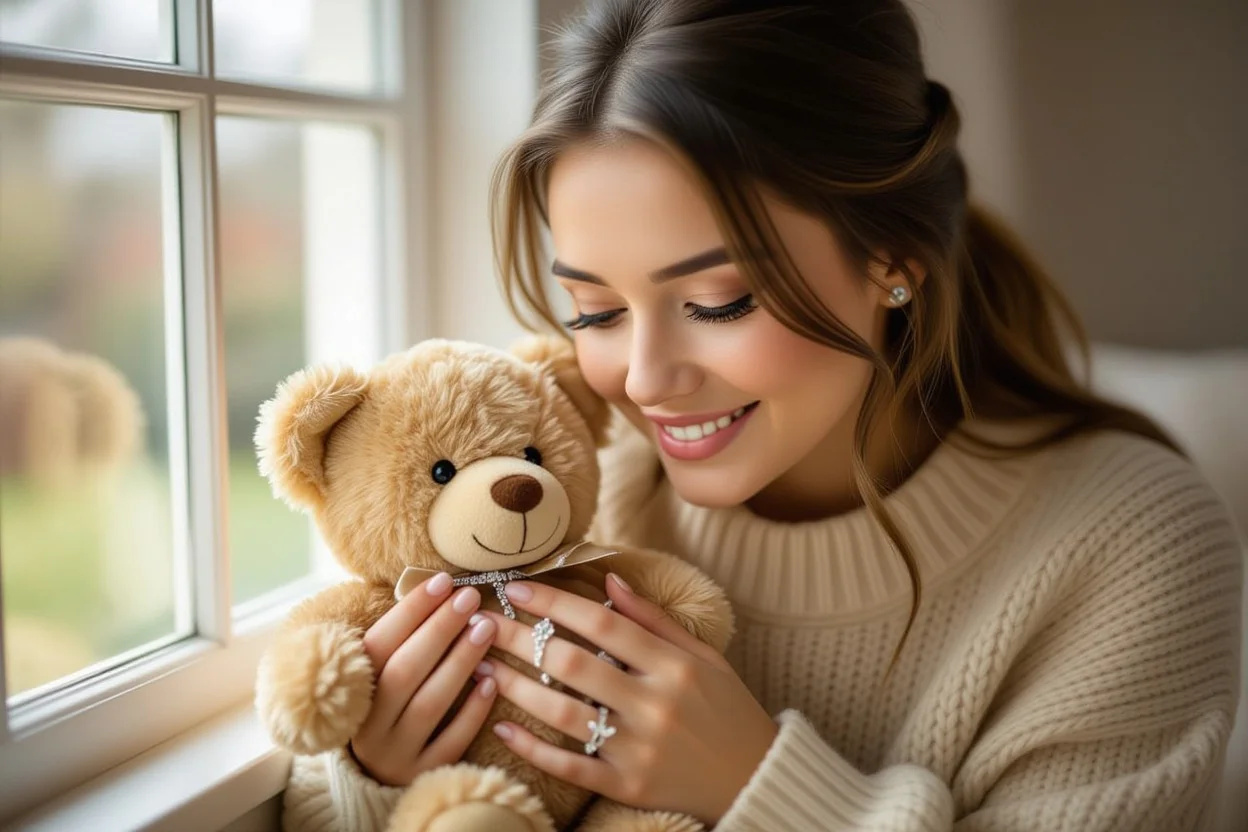 Woman discovering hidden necklace surprise inside teddy bear romantic gift