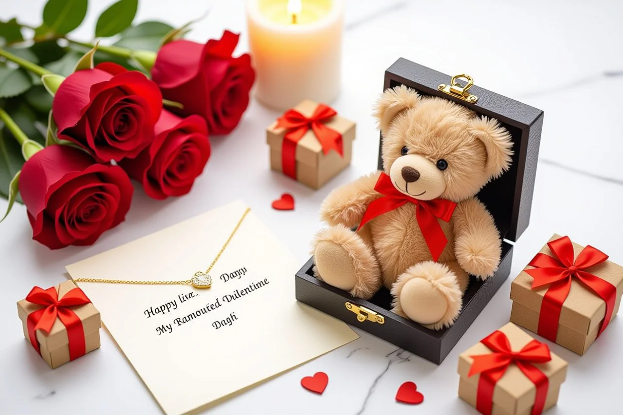 Romantic gift collection with teddy bear and necklace for Valentine's Day