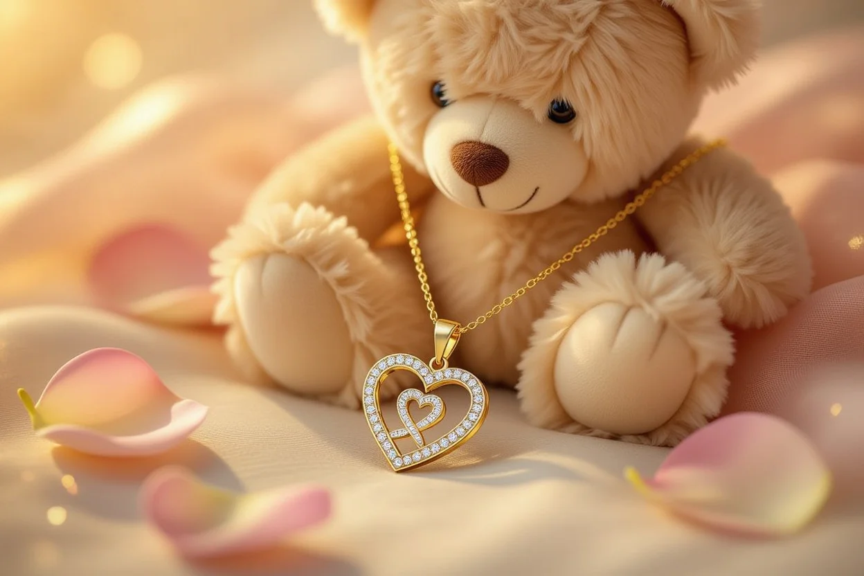 Delicate heart necklace romantic jewelry gift with teddy bear background
