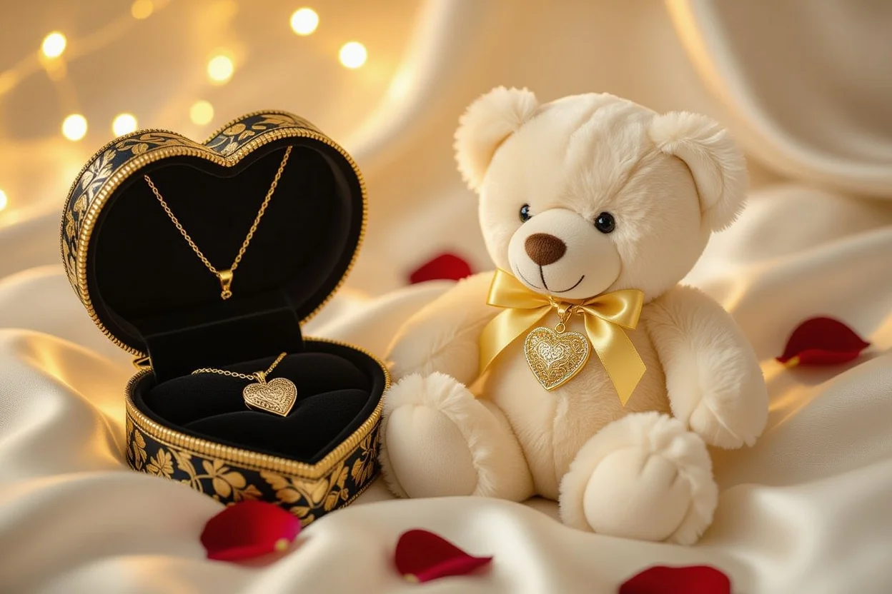 Romantic teddy bear gift with hidden heart necklace surprise for girlfriend