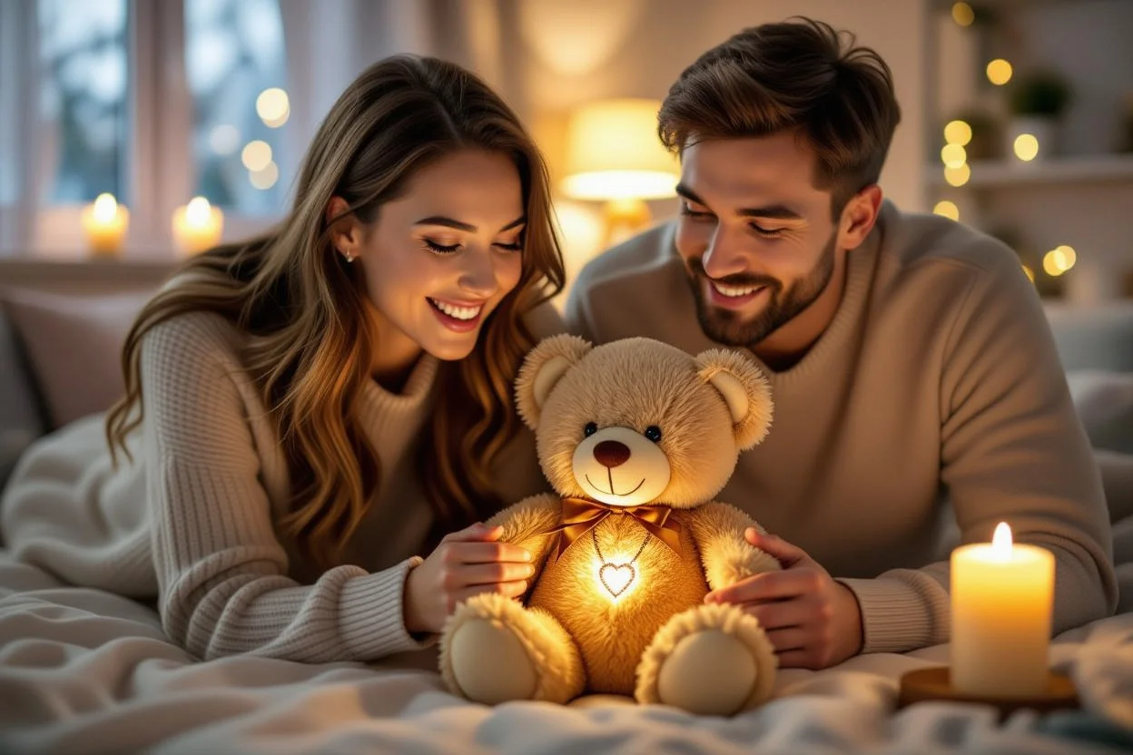 Couple sharing romantic gift moment with surprise teddy bear necklace reveal