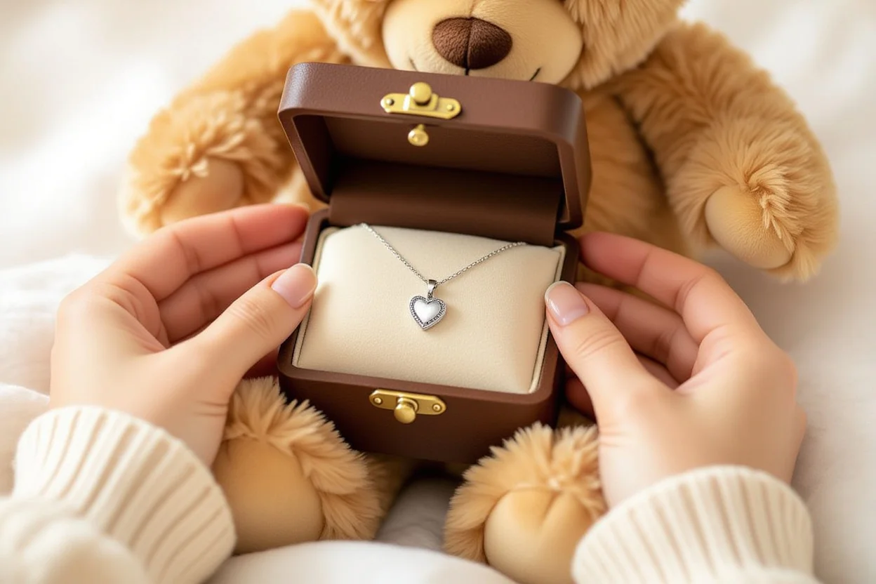 Hands revealing hidden necklace surprise inside romantic teddy bear gift
