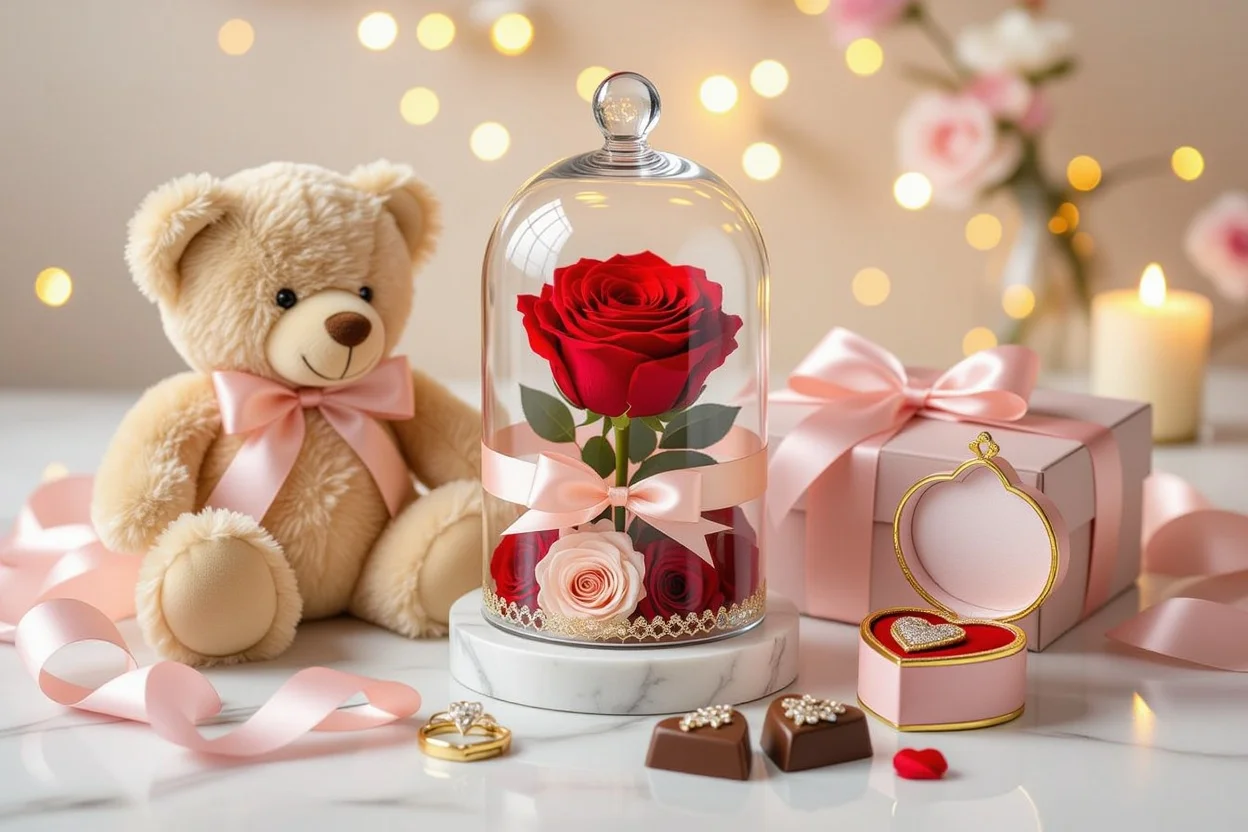 Romantic gift collection featuring teddy bear and jewelry for relationship healing