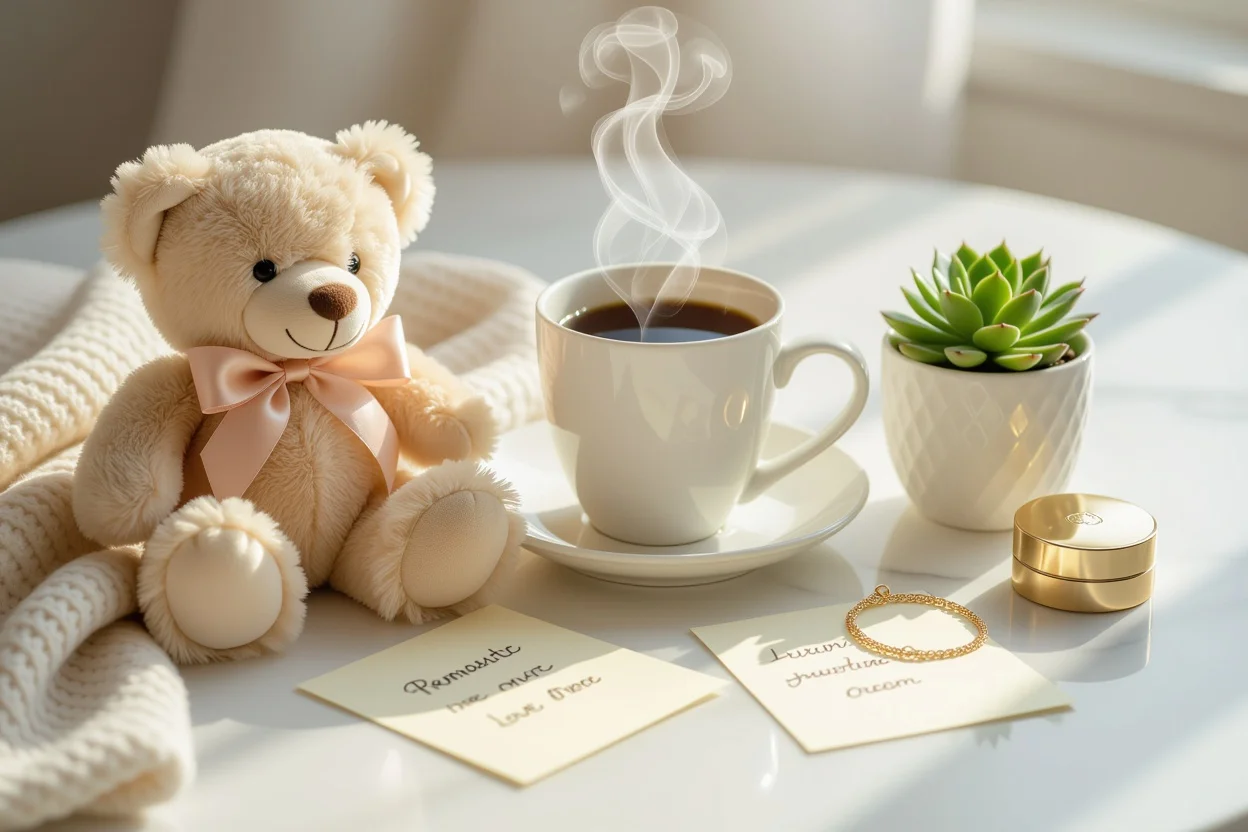 Romantic everyday gifts for her including teddy bear, coffee, love notes and jewelry arranged on marble surface