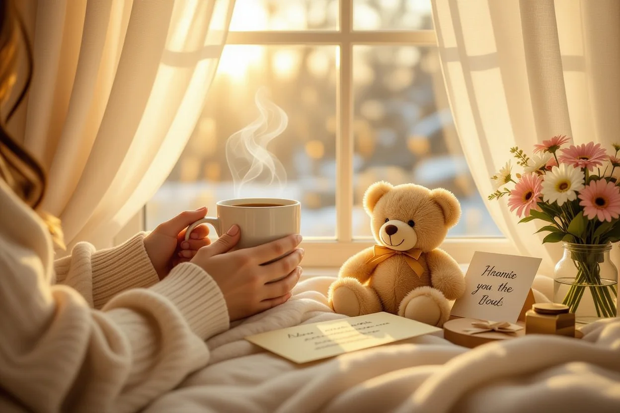 Cozy morning moment with woman holding coffee mug next to teddy bear and romantic gifts by window
