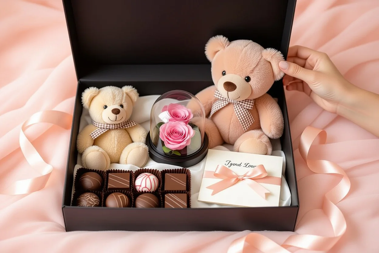 Elegant gift box opened to reveal teddy bear, preserved roses, chocolates and personalized romantic gifts