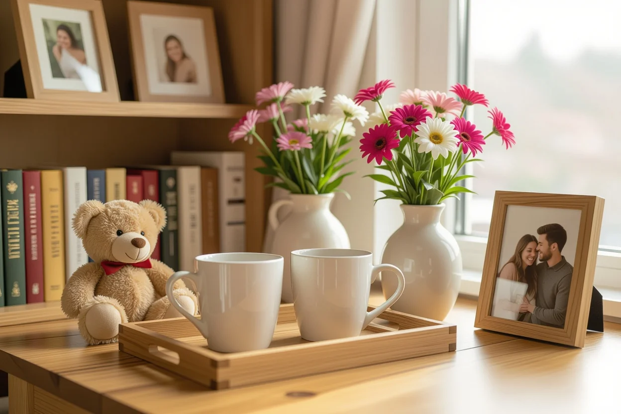 Couple's shared living space with romantic everyday touches including teddy bear, coffee mugs, flowers and photos