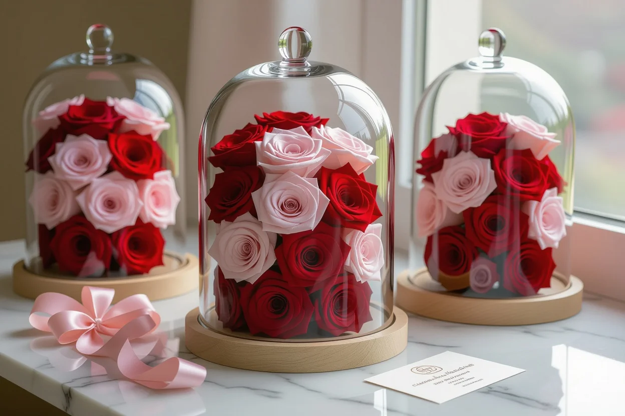 Preserved flower arrangement in glass dome - eternal romantic gift for her