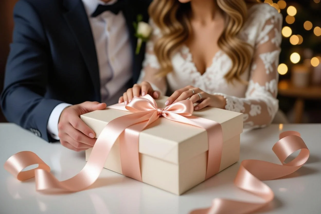 Couple exchanging romantic gifts during anniversary celebration - intimate gift giving moment