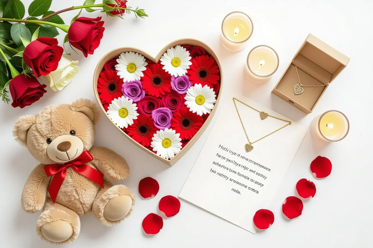 Ultimate romantic gift guide flatlay featuring teddy bear, preserved flowers, and jewelry for Valentine's Day