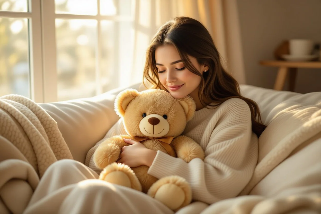 Woman holding comfortable teddy bear gift on cozy afternoon - perfect everyday romantic gift