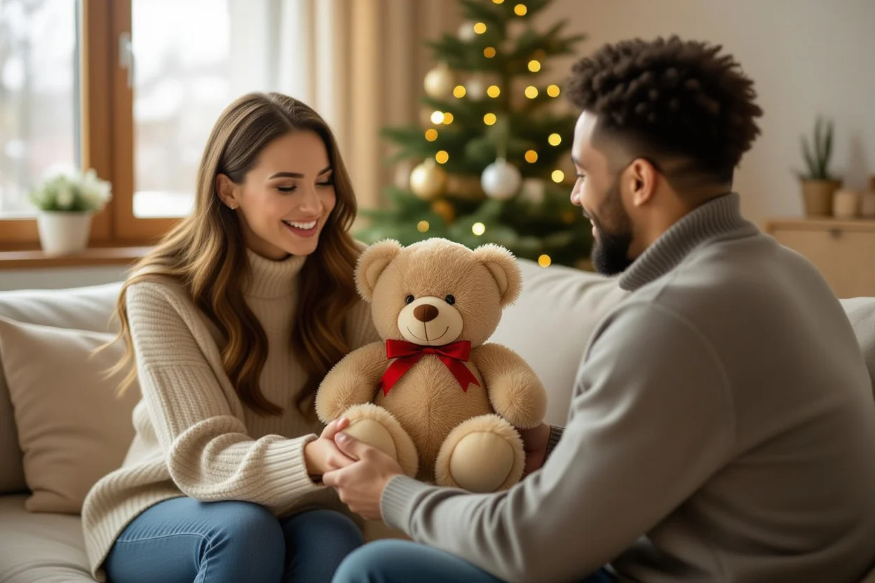Couple sharing teddy bear gift moment - romantic surprise gift for everyday love