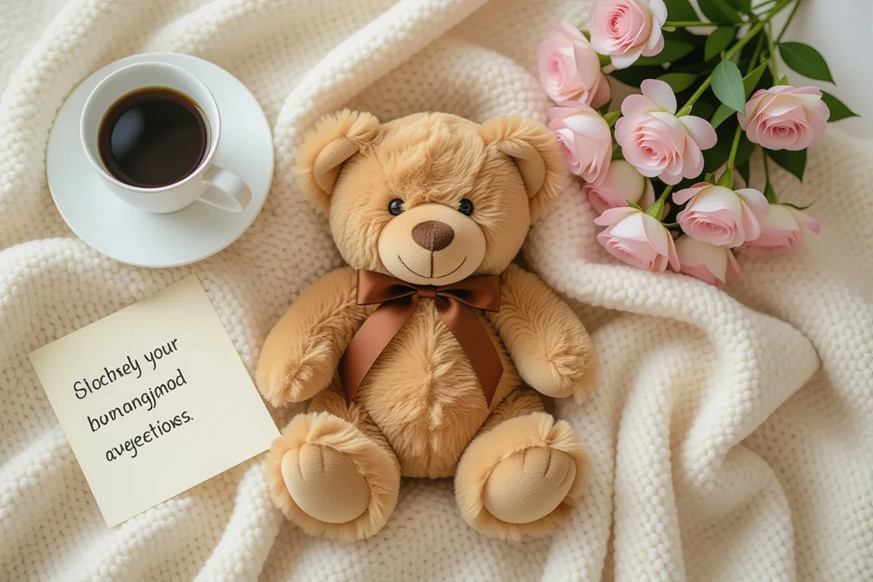Teddy bear gift arrangement with comfort items - everyday romantic gifts and love gestures