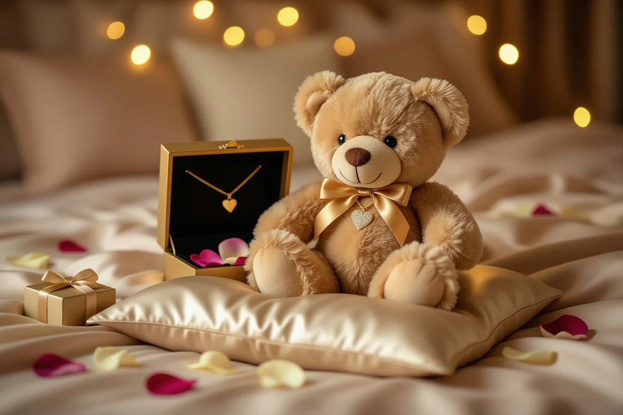 Romantic teddy bear with hidden 18k gold necklace surprise gift for anniversary