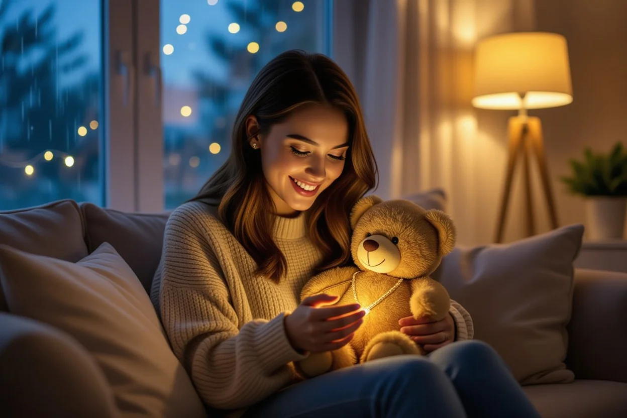 Woman discovering hidden gold necklace inside romantic teddy bear surprise gift