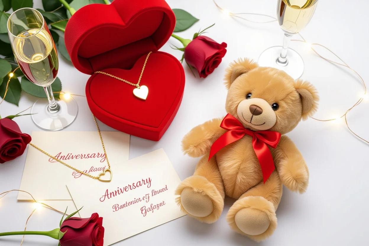 Romantic anniversary gift flat lay with teddy bear and hidden gold necklace