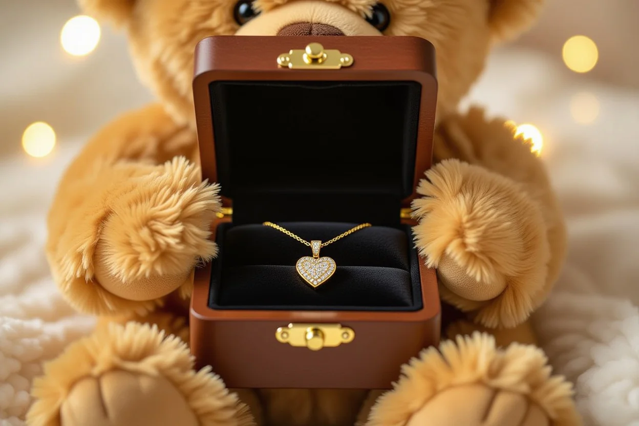 Close-up of hidden 18k gold necklace compartment inside romantic teddy bear gift